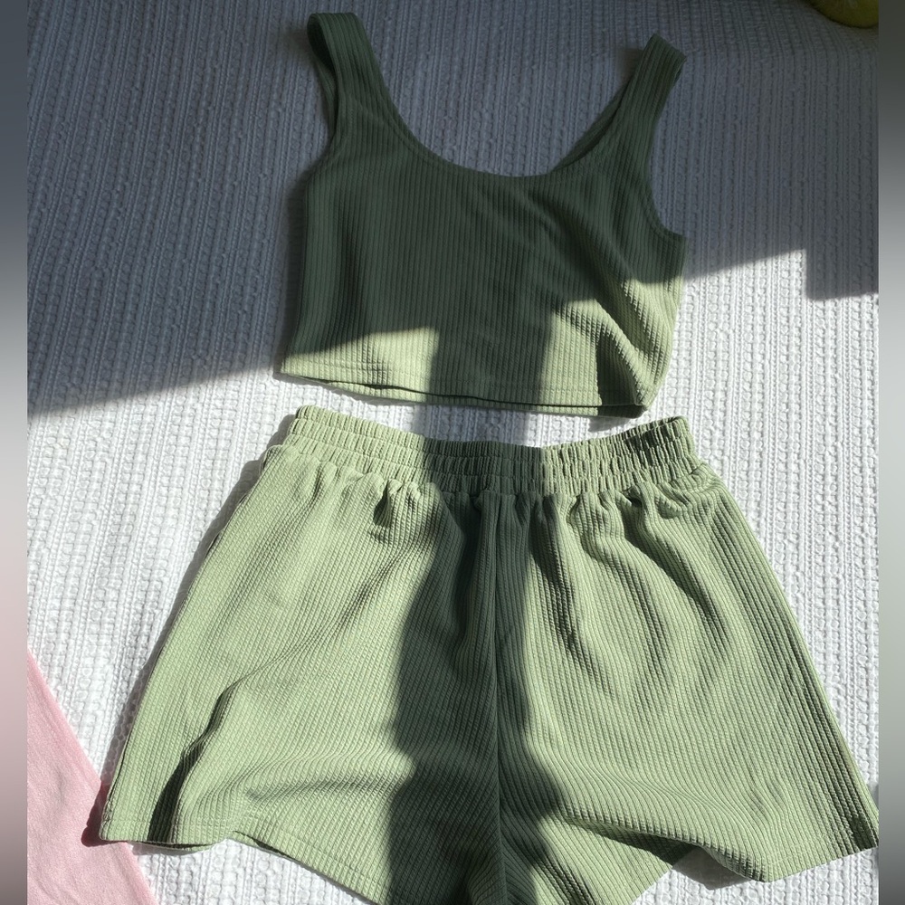 Green Ribbed waffle knit set